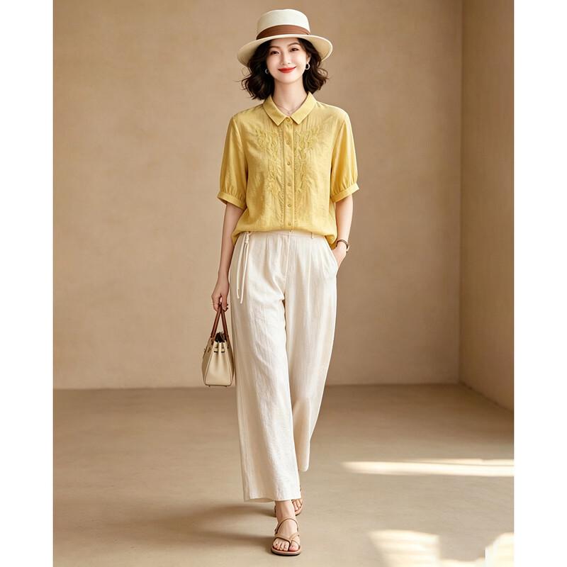 EST+II Gentle Embroidered Lapel Top & Wide-Leg Cropped Pants Set