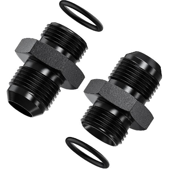 2Pcs 6AN Male to 6AN ORB Male Flare Fitting Adapter with O-Ring, Straight Black Hard Aluminum Hex Anodized Connector, Automotive Accessories Suitable
