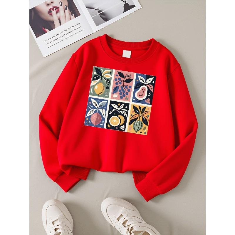 Girls' Long-Sleeve Casual Crewneck Sweatshirt | Fruit Plant Pattern Art Design, Colorful Style