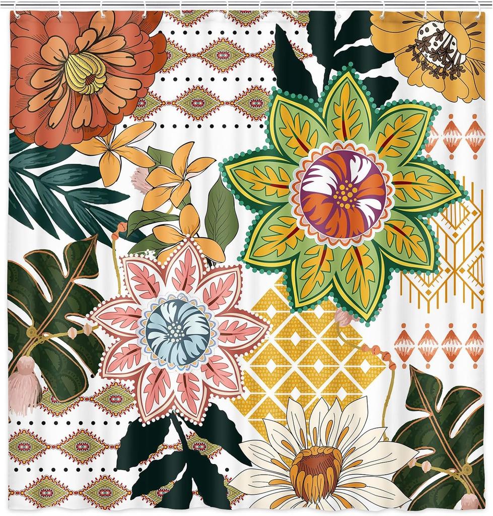 Boho Floral Shower Curtain for Bathroom, Abstract Mid Century Morden Bohemian Decor Bath Curtains, Botanical Flowers Tropical Le