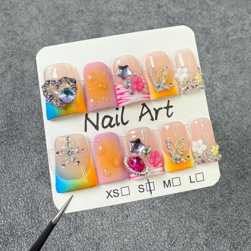 Sweet French Press-On Nails With Sheer Pink Blush Effect Duckbill Shape 3D Heart Butterfly Embossed Design Reusable Nail Tips