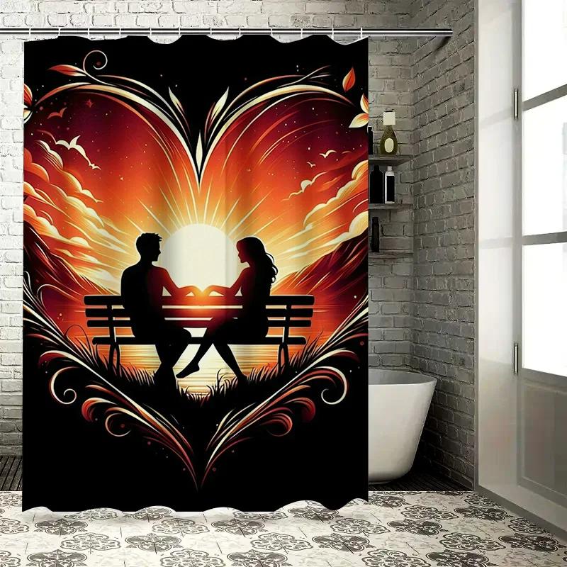 Romantic Heart Shower Curtain - Couple On Bench At Sunset, Waterproof & Mildew-Resistant for Bathroom Decor, Unique Gift Idea