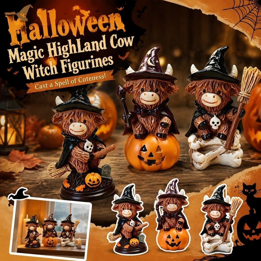 Halloween Witch Cow Resin Figurine with and Pumpkin, Cute Home Decor Ornament for Party
