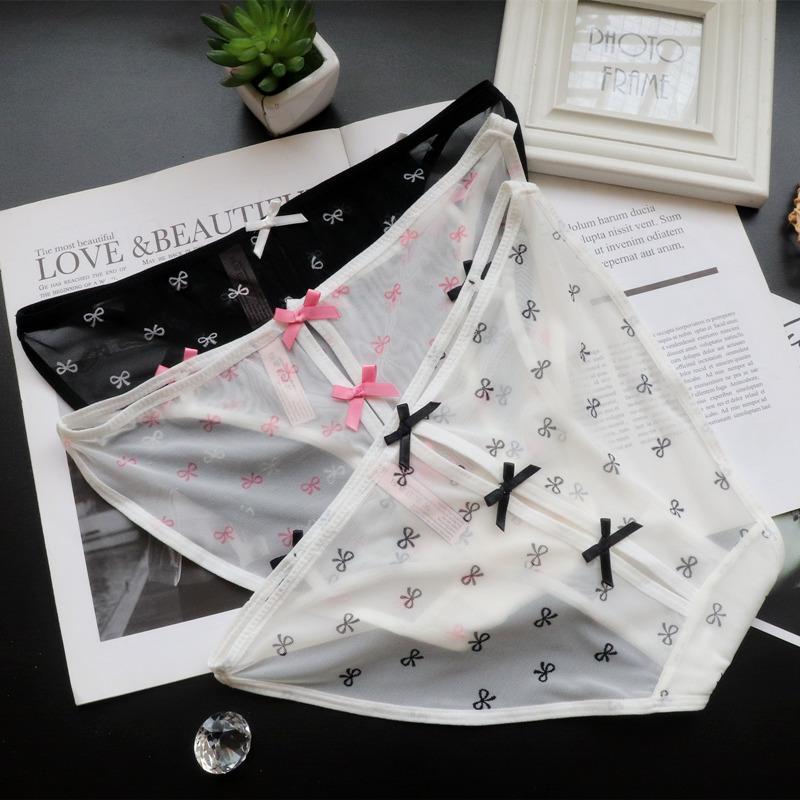 Chiloți din dantelă din plasă cu fundă, respirabil, sexy, pentru fete