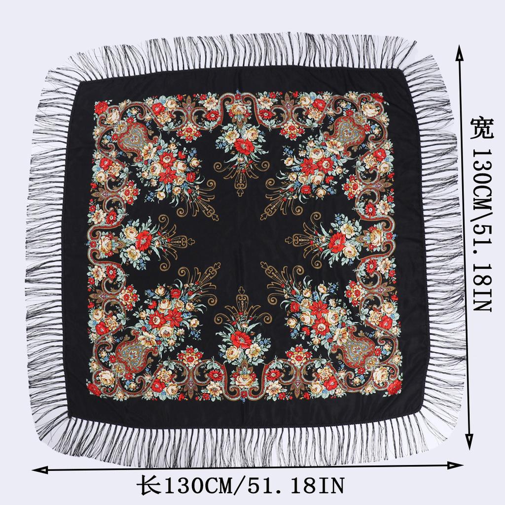 130*130cm Women Luxury Floral Print Square Scarves Russian National Fringed Shawl Traditional Ukrainian Babushka Head Wraps