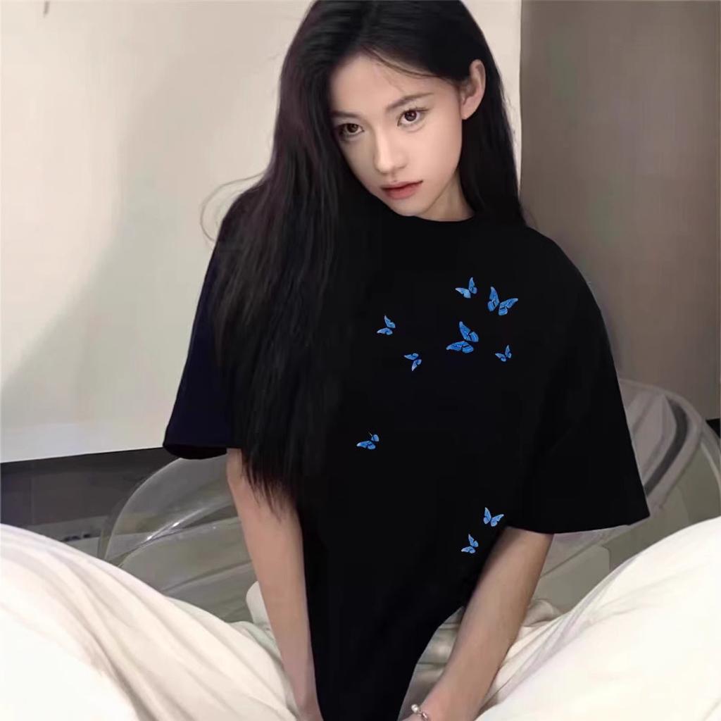 Women's Crew Neck Short Sleeve Cotton T‑Shirt Loose Butterfly Print Casual Basic Top For Summer Student Outfit