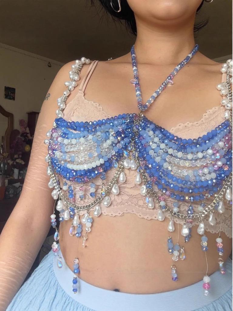 Handgefertigte blaue Perlen-Neckholder-Kette Mehrschichtige Sexy Hot Girl Tube Top West Strand Elegante Sexy Körperketten Schmuck