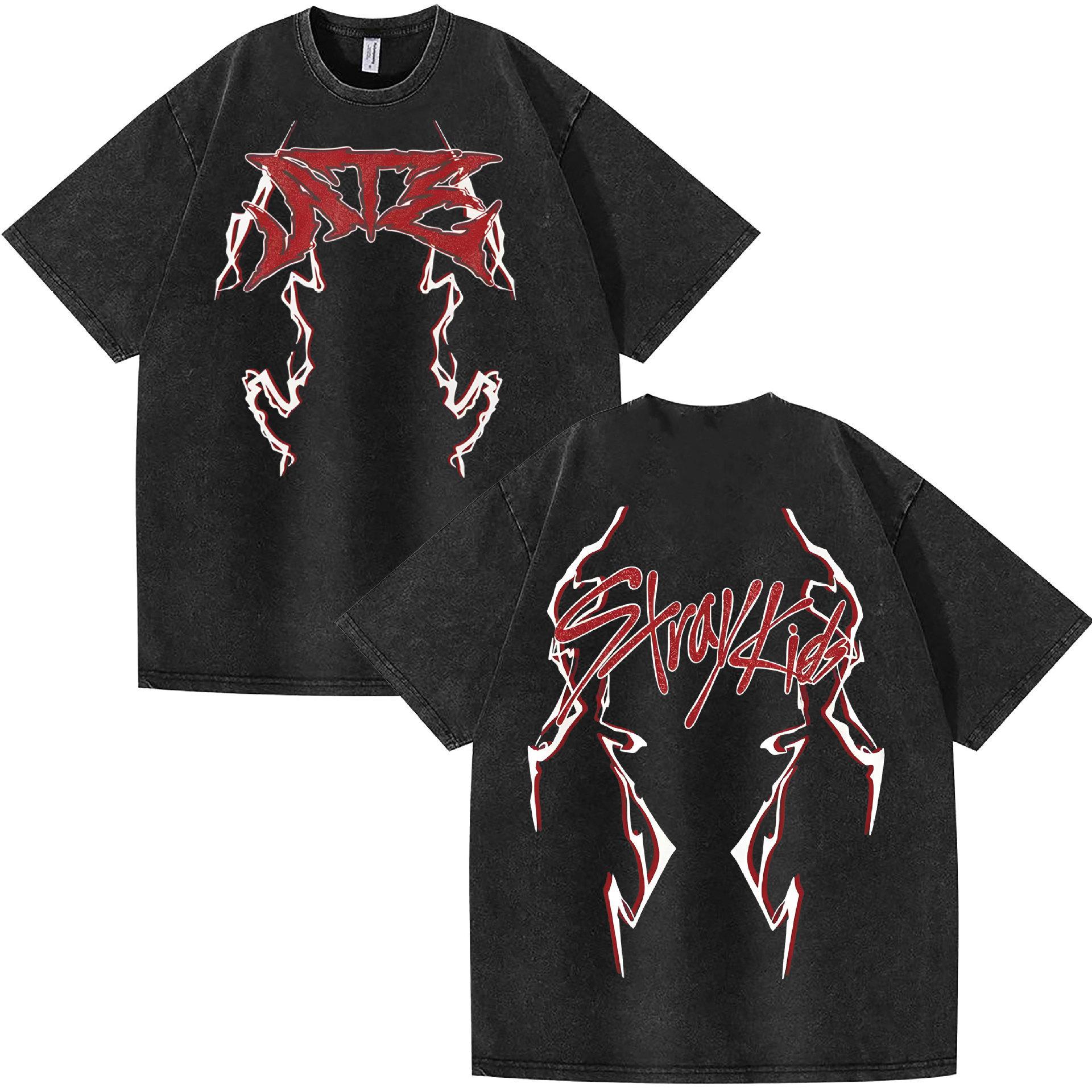Washed Stray Kids Combination Peripheral Printing Summer Short-Sleeved T-Shirt Pure Cotton Loose S