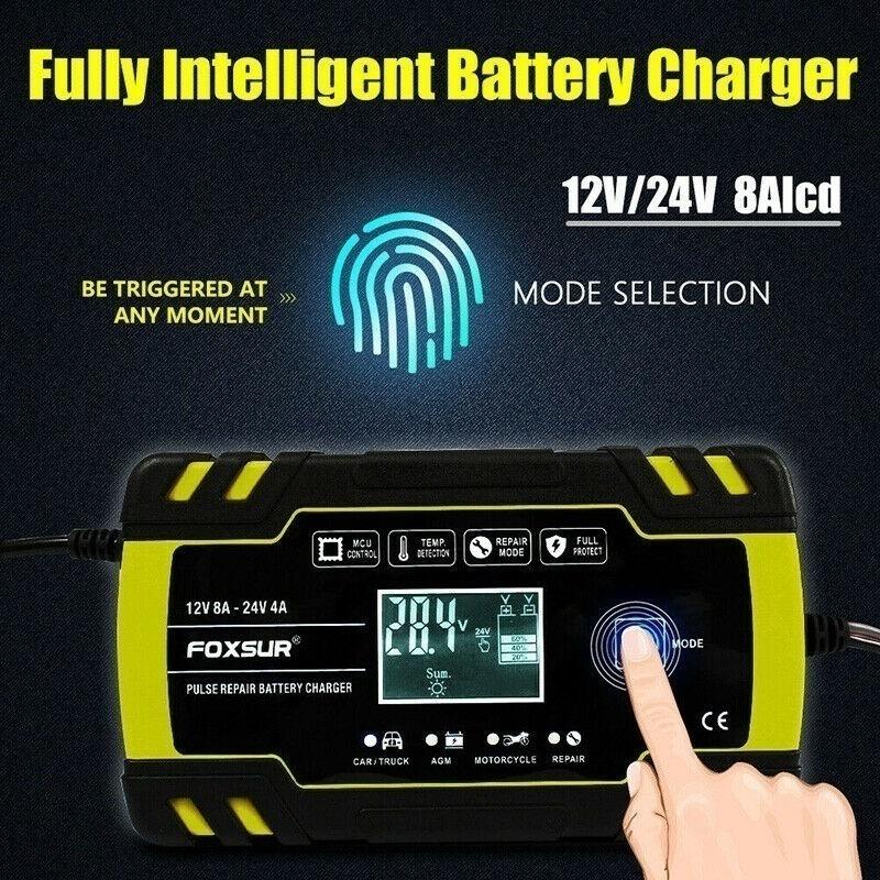 Upgrade 12V8A/24V4A Pulse Repairing Charger with LCD Display Motorcycle & Car Battery Charger AGM GEL WET Lead Acid Battery Charger 100-240V