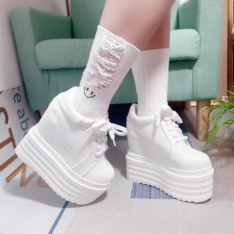 Mada Natūrali Oda 14CM 16CM Rudens Stambūs Sportbačiai Platforma Su Pleištuvarpiu Raišteliai Kvėpuojantys Kulnai Tuščiaviduriai Batai Vulkanizuoti Pavasario Moteriški Batai