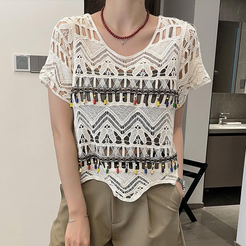 Women's French V-Neck Crochet Knit Cardigan - Chic Summer Fashion, Slimming Loose Fit, Versatile Top