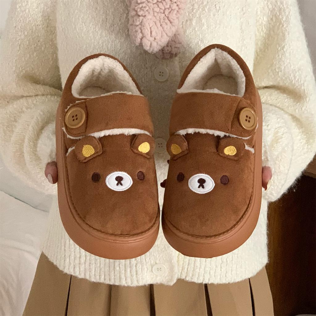 Kawaii Button Rilakkuma Lok Fu Bread Shoes Ladies Wear Non-Slip Thick-Soled Winter Hook and Loop Cotton Shoes
