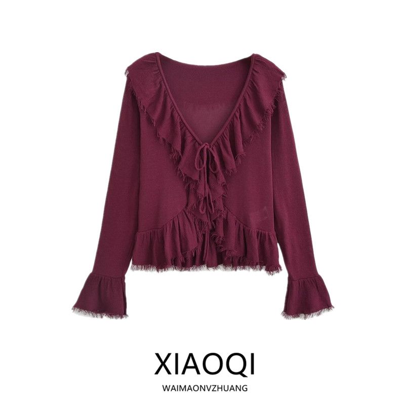 Fashion Style 2024 Autumn New Female Ruffled Tied Loose Knitted Long Sleeves Cardigan Top 2142122