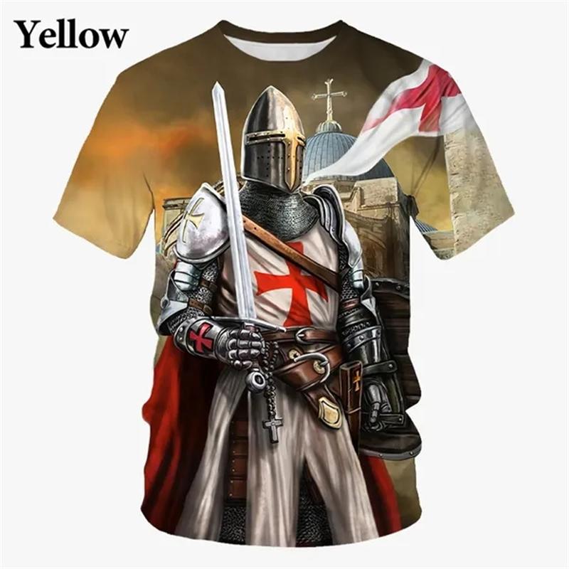 New Knight Templar 3D Printed Men's Fashion T-Shirt, Vintage Cross Pattern, Short Sleeve, Summer Cool Top, Men's Street Style