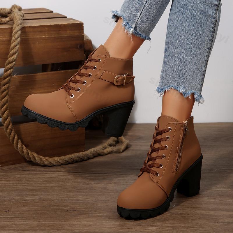 Women High Heel Ankle Boots 2026 Autumn Lace Up Comfortable Short Boots Retro Fashion New Trend Lady Shoes Women Botas De Mujer