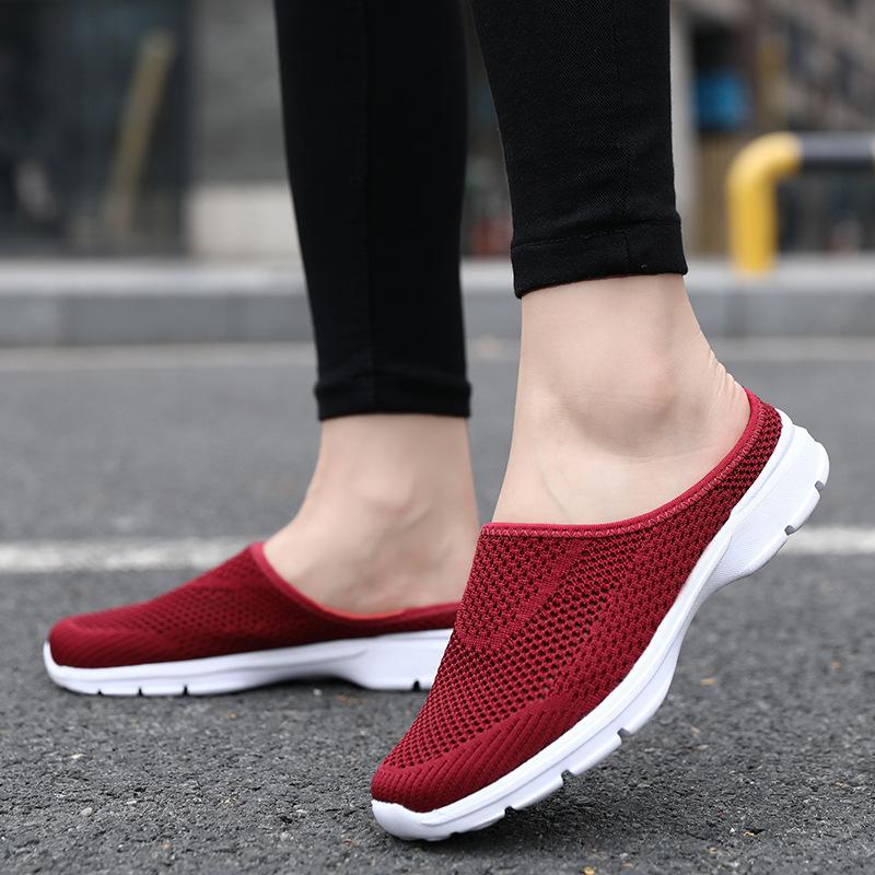 Unisex Slip-on Flats Round Toe Half Slippers Knitted Mesh Walking Shoes Lightweight Big Size 35-48 Leisure Shoes Anti-slip