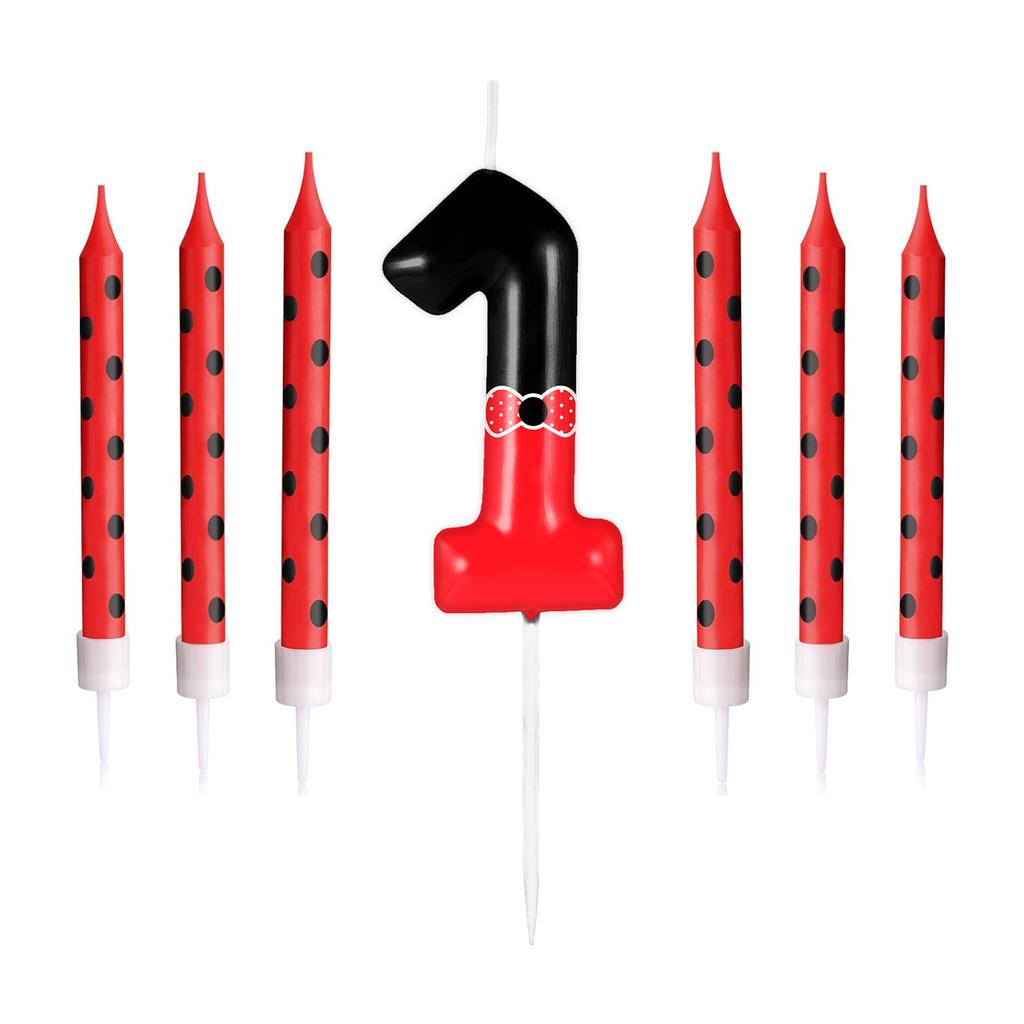 7pcs Black Red Bow Birthday Candles for Boys Girls, Red Mouse Number 0-9 Cartoon Themed Birthday Party Cake Decorations Supplies