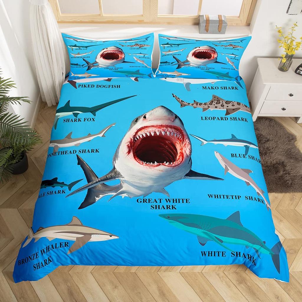 Shark Duvet Cover Queen Marine Life Comforter Cover Blue And White Cartoon Shark Bedding Set Nautical Ocean Theme Quilt Cover