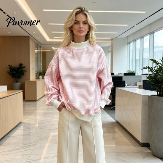 Sporty Workout Tops Women Mock Neck Striped Sweatshirt, Oversized Long Sleeve Pullover Top for Fall, Casual Half Turtleneck Shirt with Ribbed Cuffs