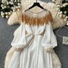Vintage Court Style Autumn Heavy Industry Sequined Embroidered Long Pleated Bubble Sleeve Dress Women's Pleated Skirt