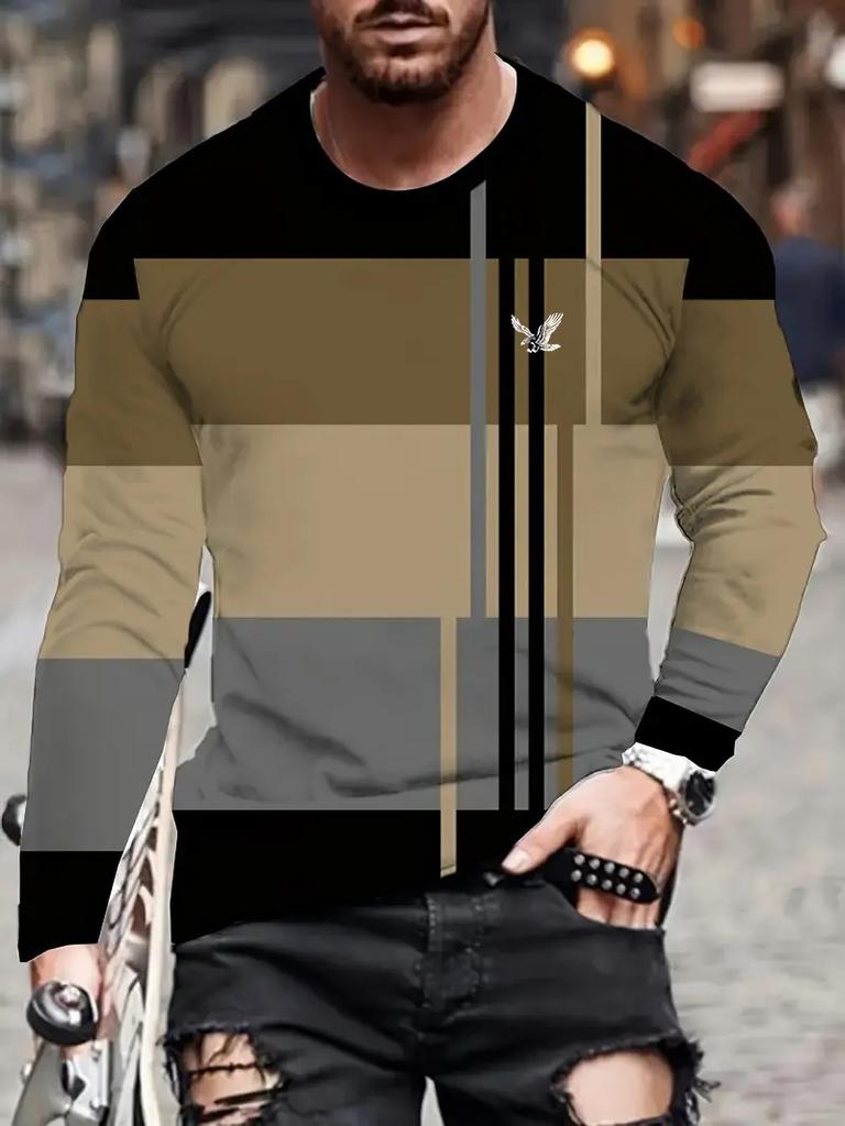 Lässiges 3D-Digitaldruck-Kontrastmuster Herren Langarm-T-Shirt für Frühling und Herbst Outdoor-Bekleidung, bequeme Polyesterfaser