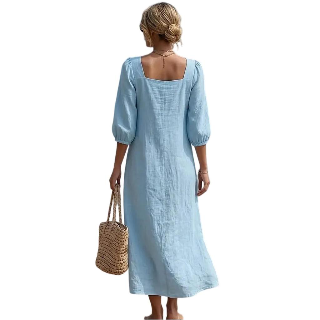 Abito midi casual da donna a vestibilità larga con maniche a sbuffo, scollo quadrato frontale e tessuto leggero