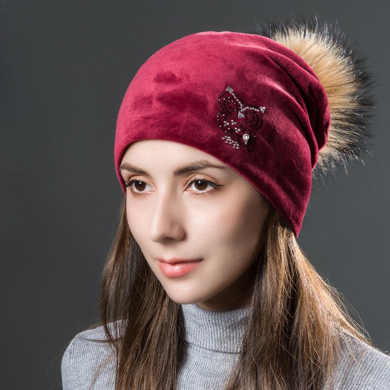 Owl Rhinestones Hats For Women Winter Warm Plus Velvet Fashion Caps With Natural Fur Pompoms Female Skullies Beanies