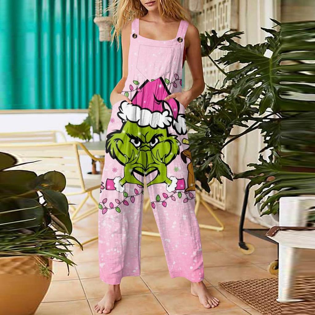 Women's Fashion Christmas  Print Casual Retro Sleeveless Button Jumpsuit