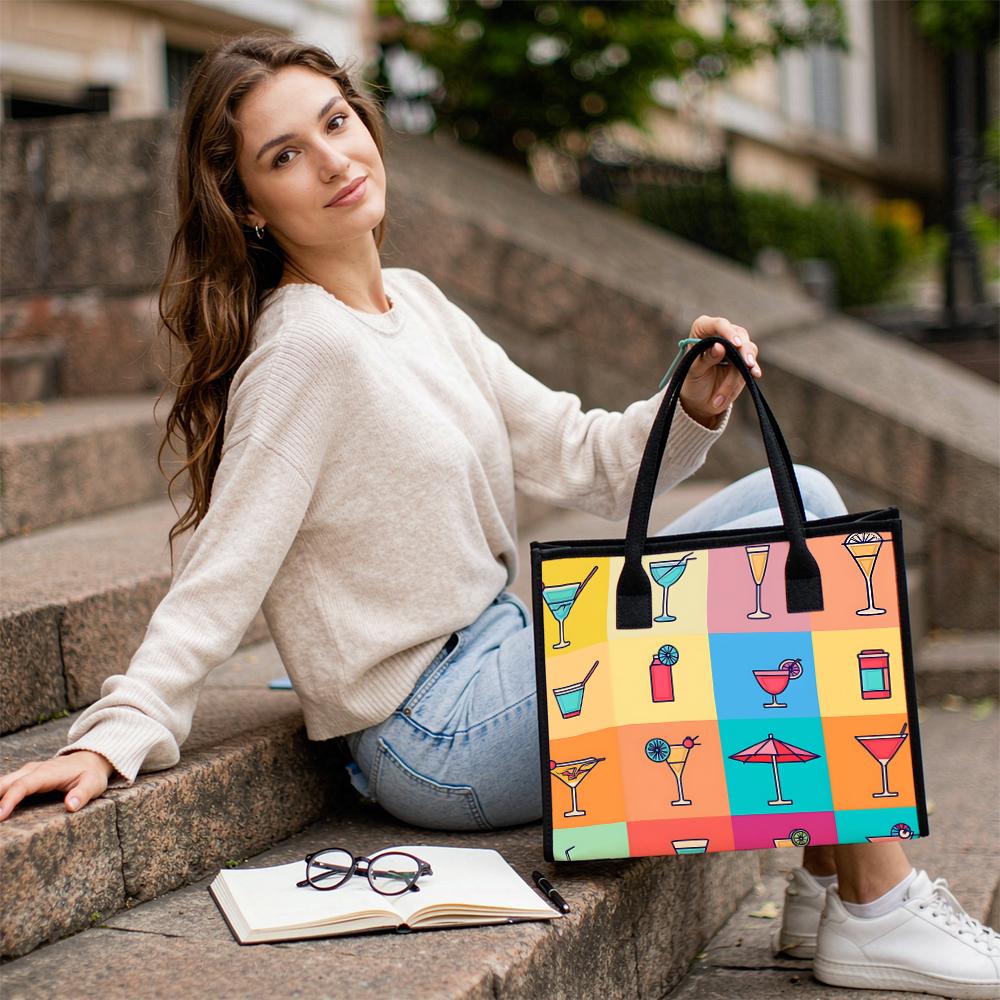 Cute Cocktail Printed Tote Bag for Daily Shopping Casual Large Capacity Reusable Canvas Handbag for Women