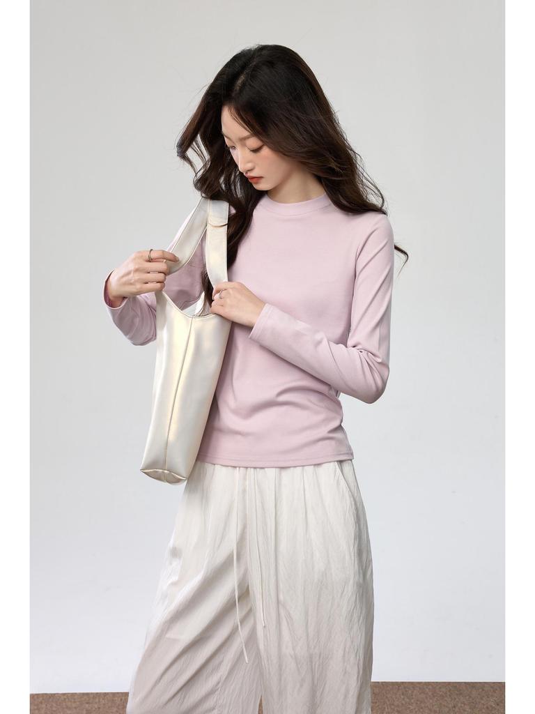 Damski Luźny Bawełniany T-shirt z Długim Rękawem w Kolorze Różowym, Półwysoki Okrągły Dekolt