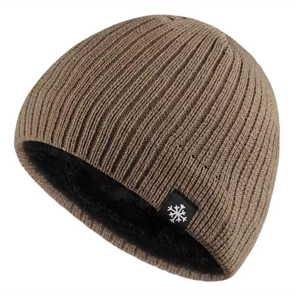 Snowflake Striped Knitted Beanie Hat, Double Layer Fleece Lined Winter Hat, Thick Warm Brimless Cap for Men and Women
