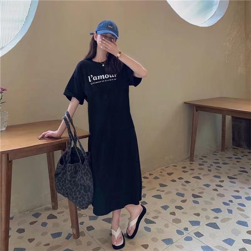 Plus Size Korean Summer Over-Knee Dress – Loose Fit, Belly-Covering, Short Sleeve, Long Length T-Shirt Dress for Women
