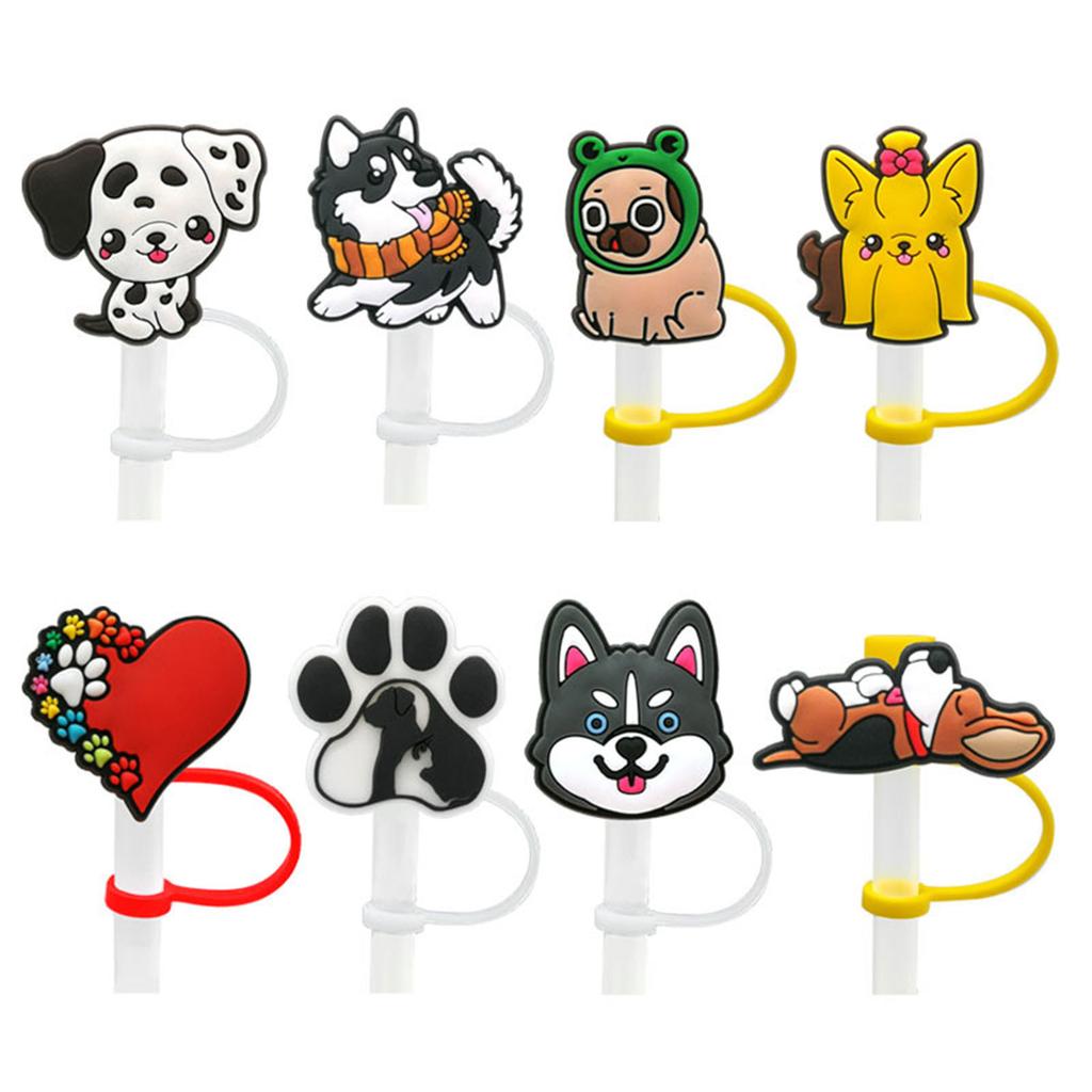 10pcs Flexible Dogs Pattern Silicones Hat for 8mm Straw Reusabled Drinking Straw Hat Reusabled Dustproof Cute Straw Cover