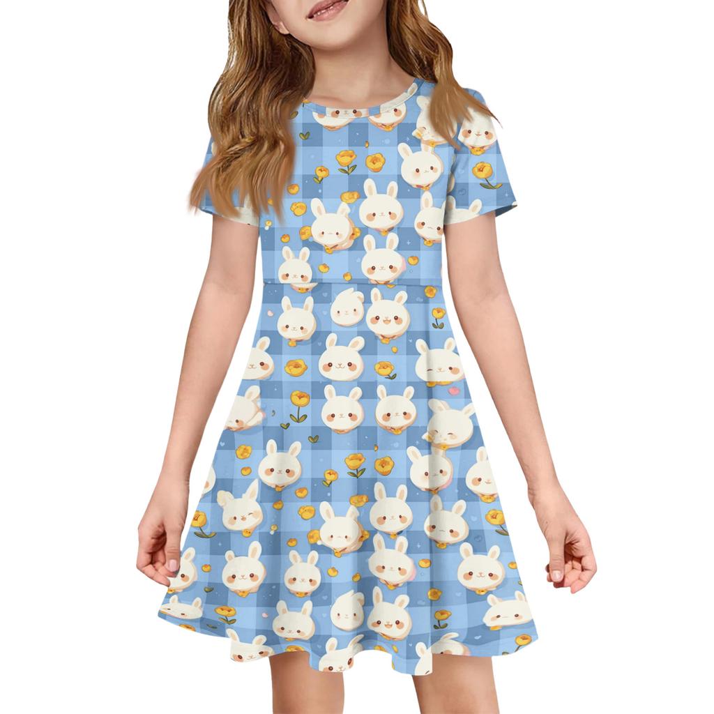 Robe d'été pour fille Couleur & Imprimé Manches Courtes Avec Poche Robe Décontractée Manches Courtes Robe de Soirée Jour de Pâques