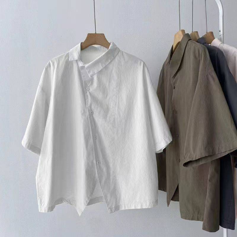 Cotton Shirts Women Vintage Short Sleeve Polo Neck Casual Summer Single Breasted One Piece Blouse Women