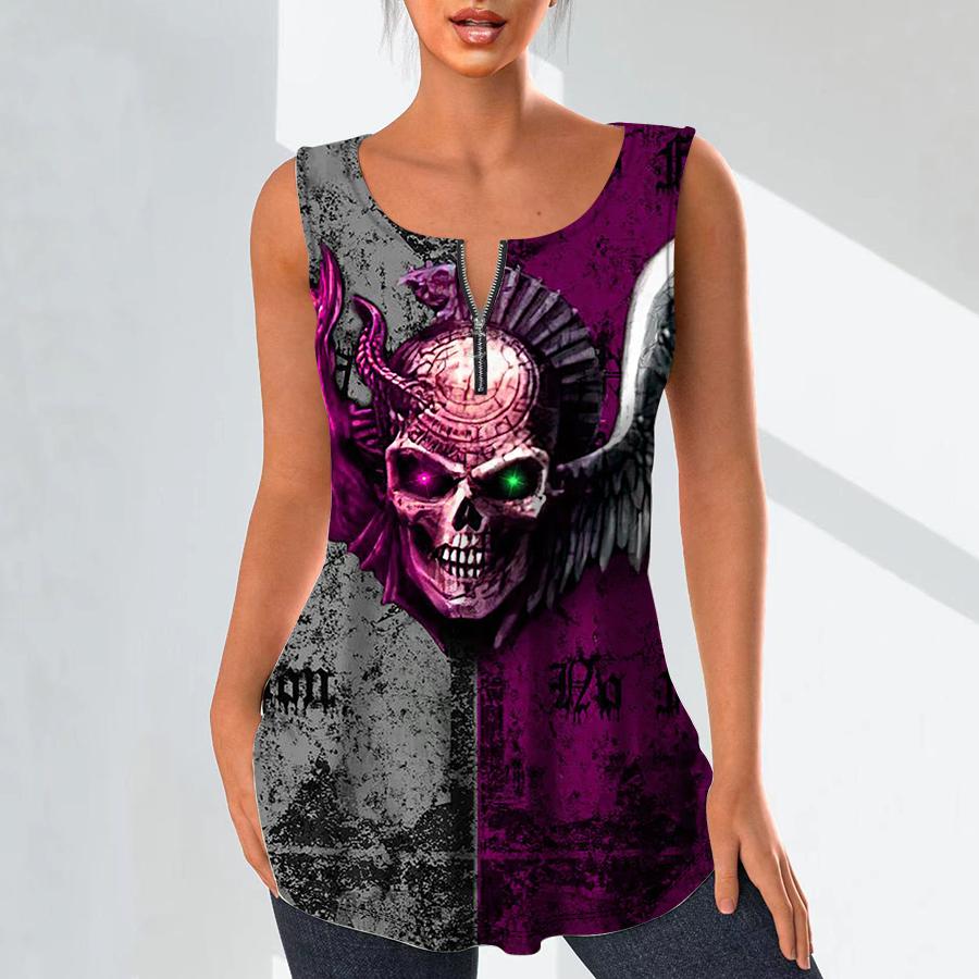 Camisas con cuello en V a la moda para mujer, camisetas informales, chaleco con estampado de esqueleto oscuro en 3D, blusa sin mangas de talla grande, camisetas sin mangas