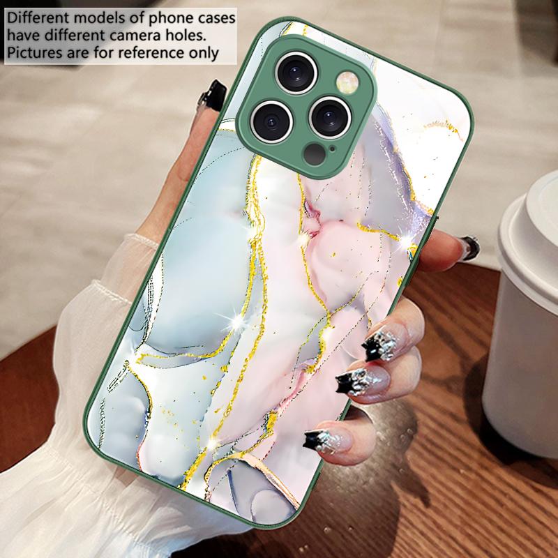 Pink Marble Pattern Black For IPhone 16 Pro Max 15 Pro 14 13 12 Mini 11 XS M Ax XR 7 8 Plu SE 2022 Tempered Glass Phone Case