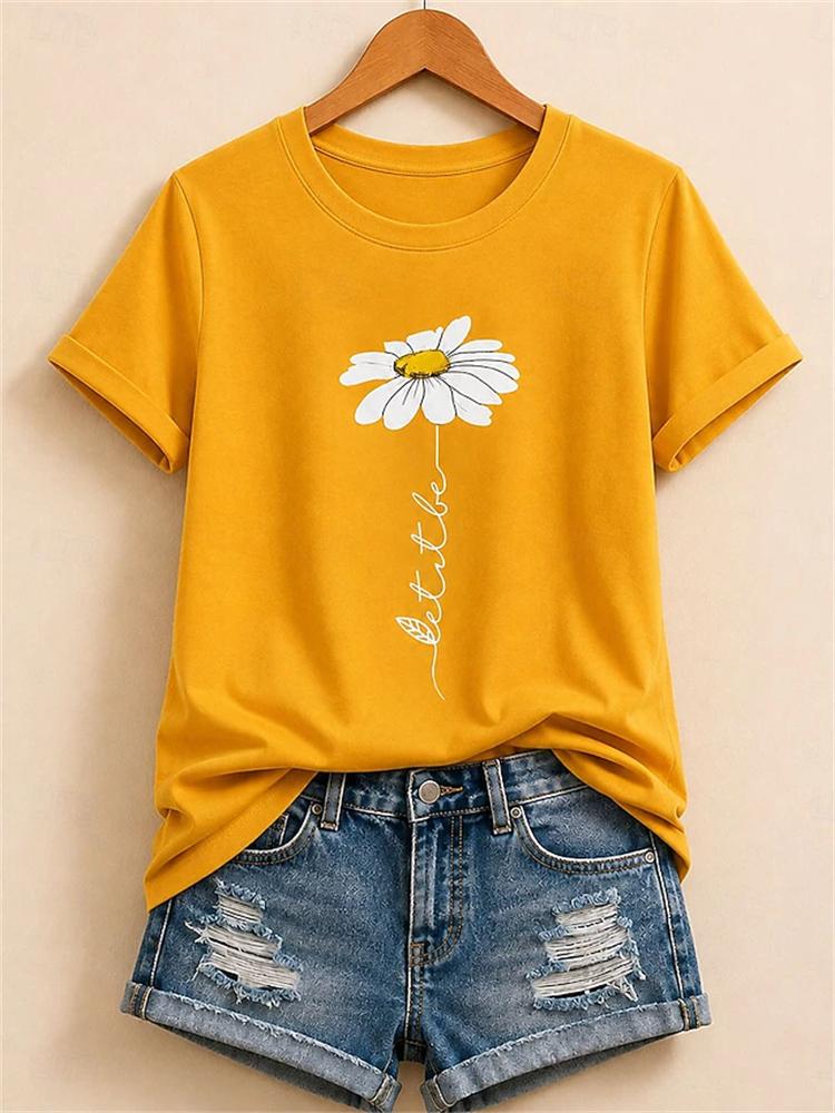 New Women Casual and Fashionable Short-Sleeve T-Shirt Simple Floral Print Round Neck Comfortable and Breathable Short-Sleeve Top