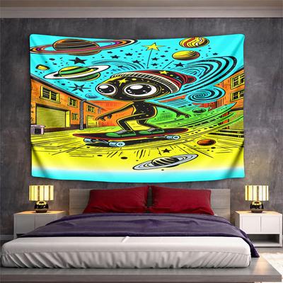 "Alien Skateboarding In Space Alley" Pattern Wall Hanging Tapestry Decorative Tapestry Home Decor for Bedroom and Living Room