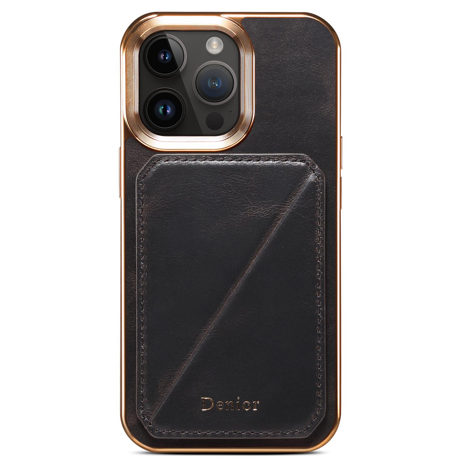

DENIOR Electroplating Phone Case for iPhone 14 Pro Card Holder Kickstand Waxy Genuine Cow Leather Coated TPU+PC Cover Black