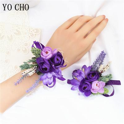 YO CHO Corsagens de Casamento flor Boutonniere do Noivo Rosa Roxa de Seda Broches Masculinos Casamento Pulseira para Madrinhas Corsage de Pulso Flor