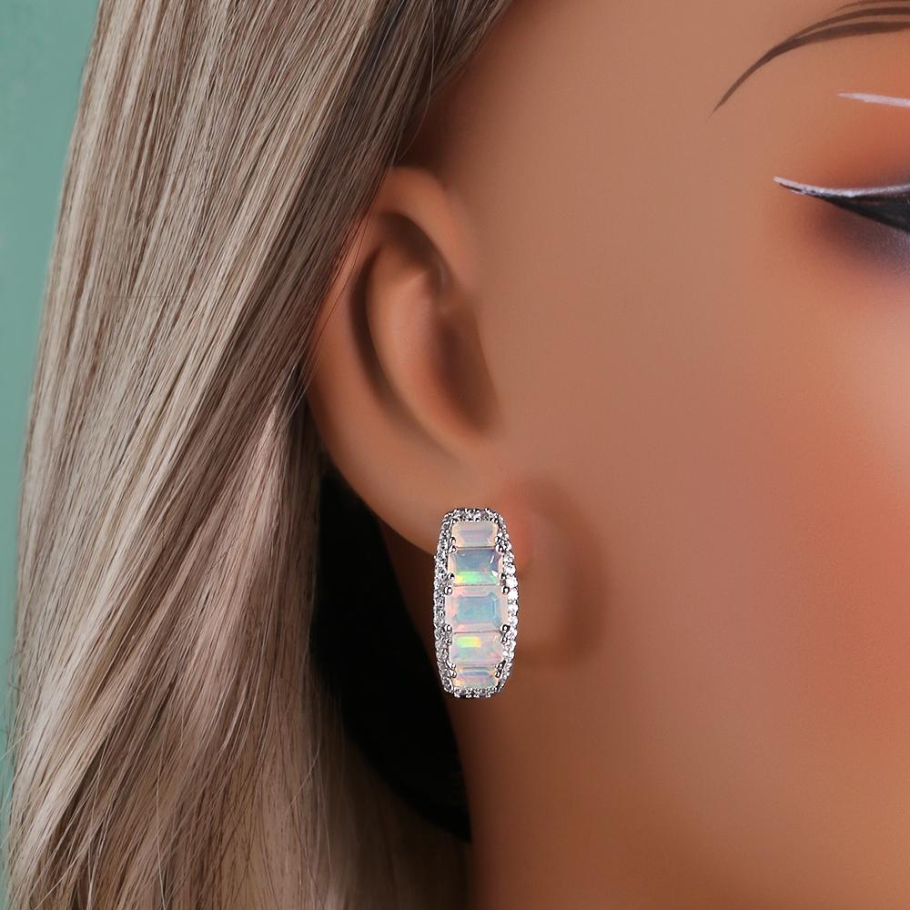 Women's 925 Sterling Silver Jewelry Set Octagonal Opal 6.1CT Natural Gemstones Simple Design Clasp Earrings Rings for Fine Gifts