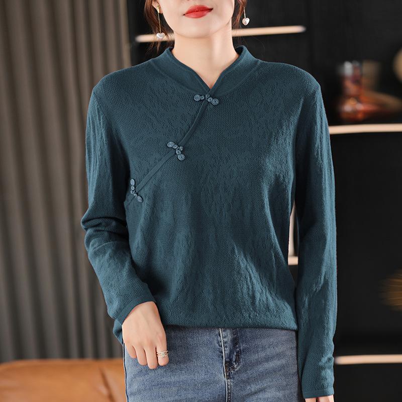 New Medium and Retro Buckle Sweater Women's Diagonal Placket Stand-up Collar Solid Color Temperament Bottoming Knitted Sweater Women