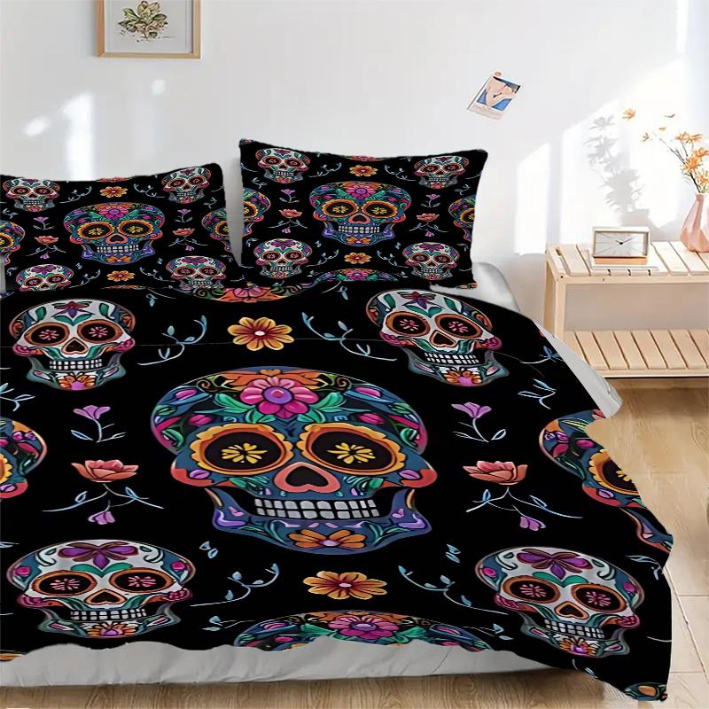 3-teiliges Day of the Dead Zuckerschädel Bettwäsche-Set mit einer Bettbezug und zwei Kissenbezügen (Keine Füllung), Festliches Geschenk für Schlafzimmerdeko - Polyestergewebe