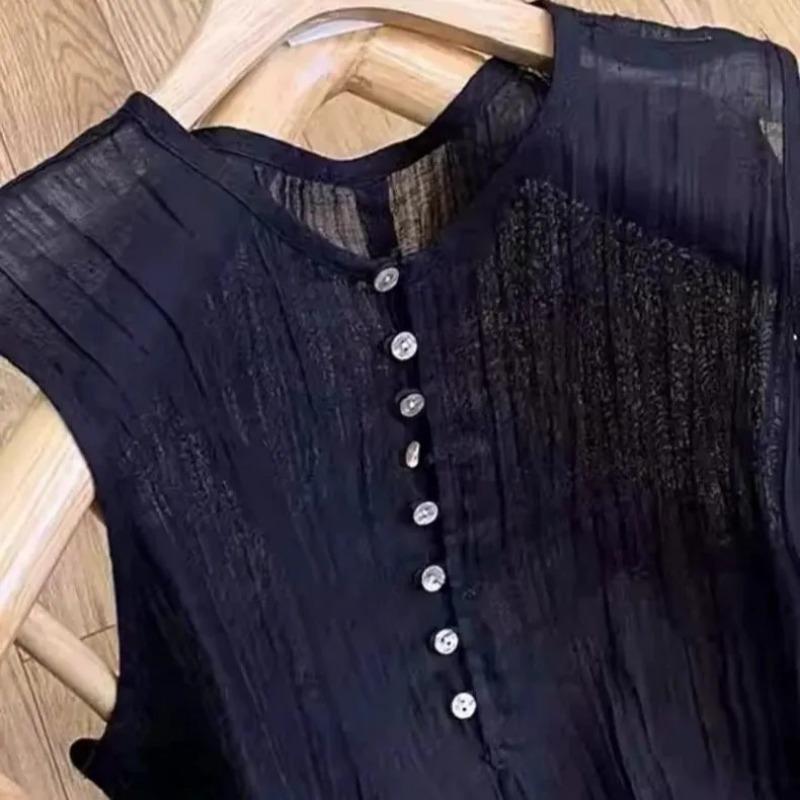 Women's Summer Black Sleeveless Button Front Pleated Chiffon Blouse