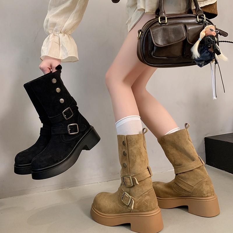 [Fanfna] The belt buckle is folded and two short boots are worn. Women's 2025 autumn new thin leg western straight knight boots