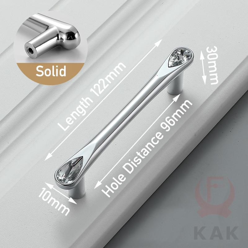 KAK Bright Chrome Furniture Handles Crystal Kitchen Cabinet Handle Zinc Alloy Wardrobe Door Pulls Solid Decorative Door Hardware