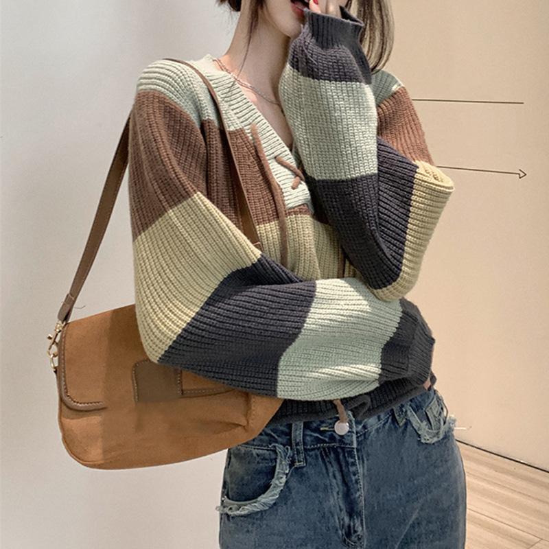 WTEMPO Women's V-neck Lacing-up Long Sleeve Striped Knitted Pullovers Spring Autumn Casual Loose Short Warm Sweaters