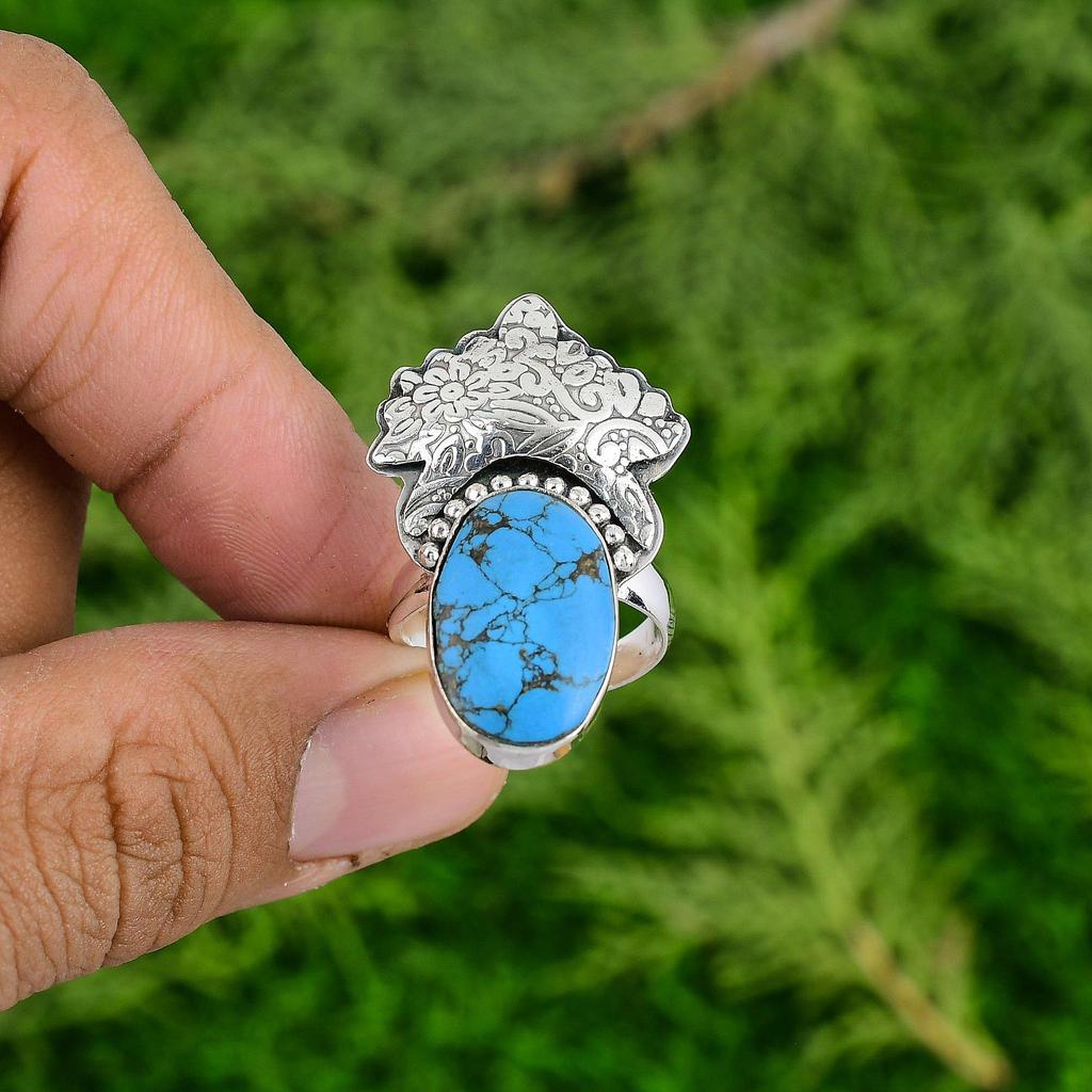 Sterling Silver Oval Copper Arizona Turquoise Stone Bezel Statement Ring Jewelry