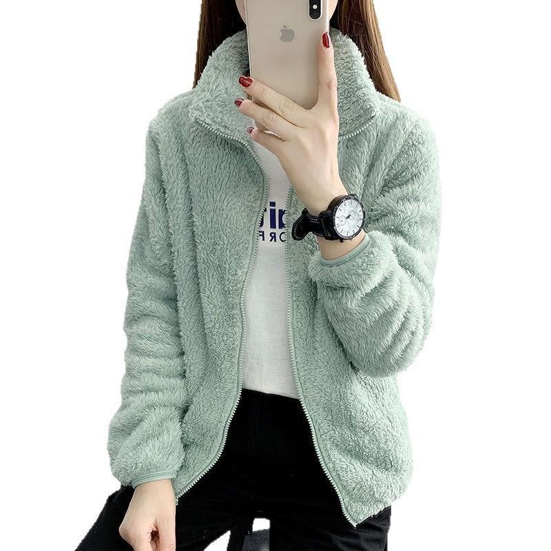 Women's Double-Sided Fleece Jacket - Warm Stand Collar, Long Pile Zipper, Short Cardigan Style Sweatshirt.